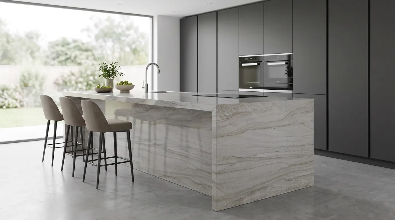 Matarazzo Polished Dolomite Quartzite waterfall-edge kitchen island with continuous veining