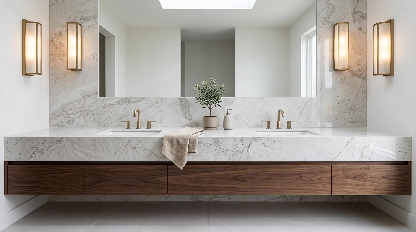Milano Polished Quartz double vanity countertop and backsplash in a modern bathroom