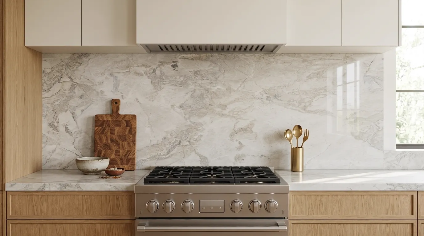 Milano Polished Quartz full-height kitchen backsplash and matching countertop