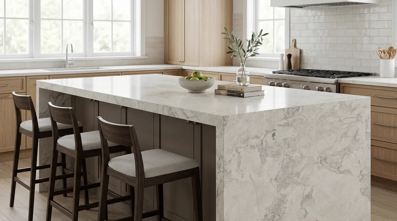 Milano Polished Quartz waterfall-edge kitchen island with continuous veining
