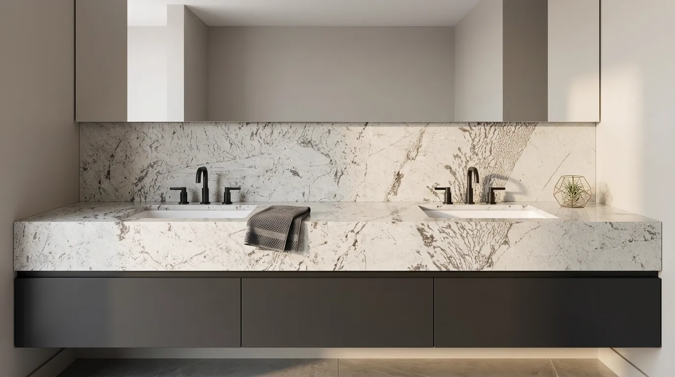 Monalisa Polished Marble double vanity countertop and backsplash in a modern bathroom