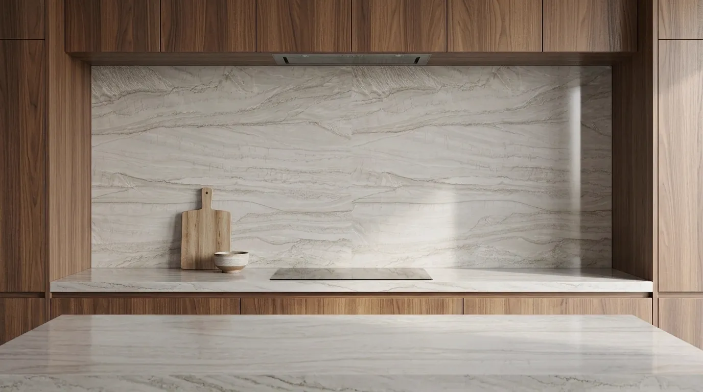 Monalisa Polished Marble full-height kitchen backsplash and matching countertop