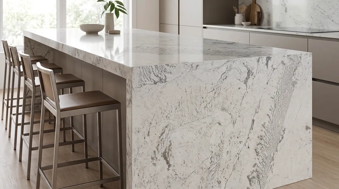 Monalisa Polished Marble waterfall-edge kitchen island with continuous veining