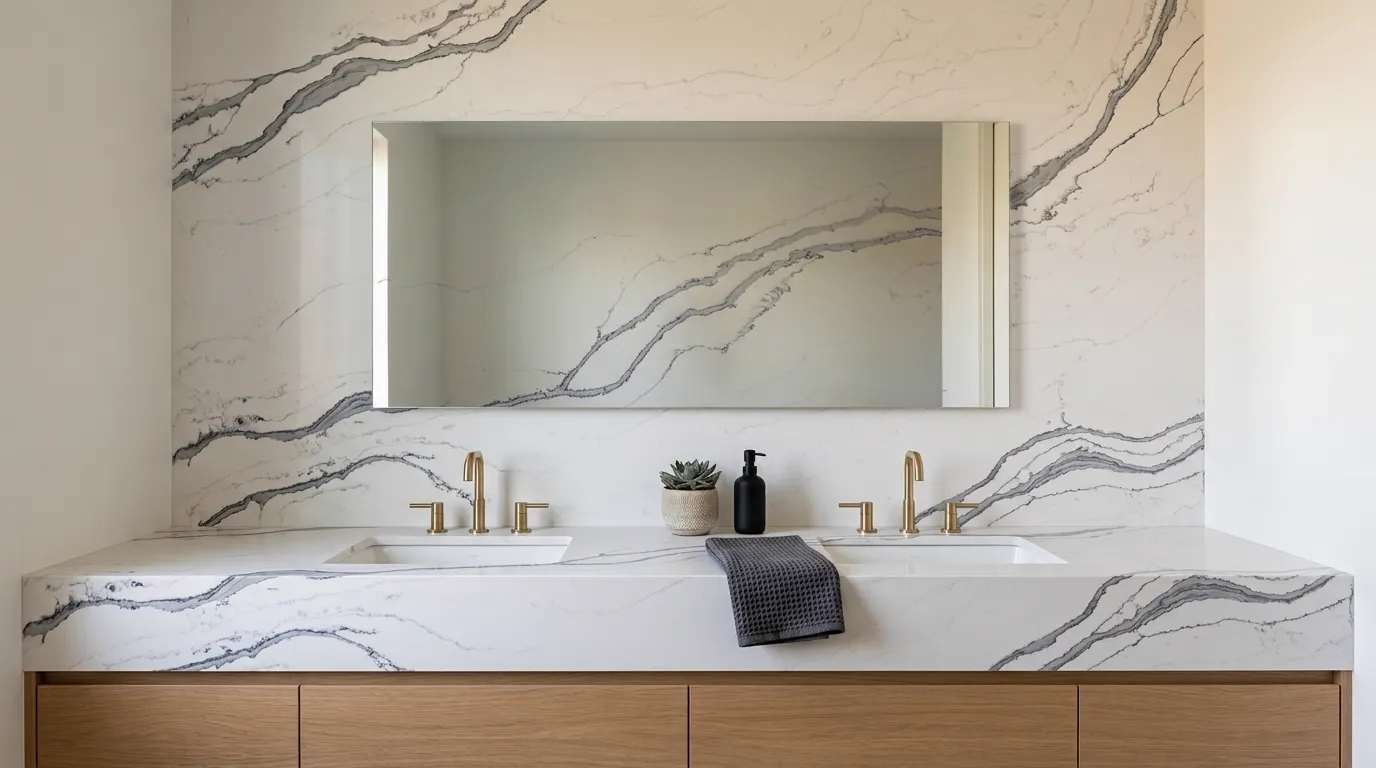 Montclair Honed double vanity countertop and backsplash in a modern bathroom