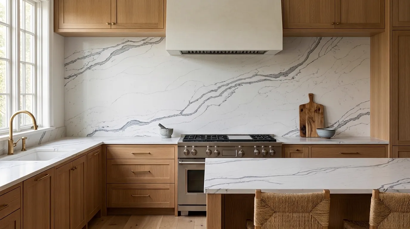 Montclair Honed full-height kitchen backsplash and matching countertop
