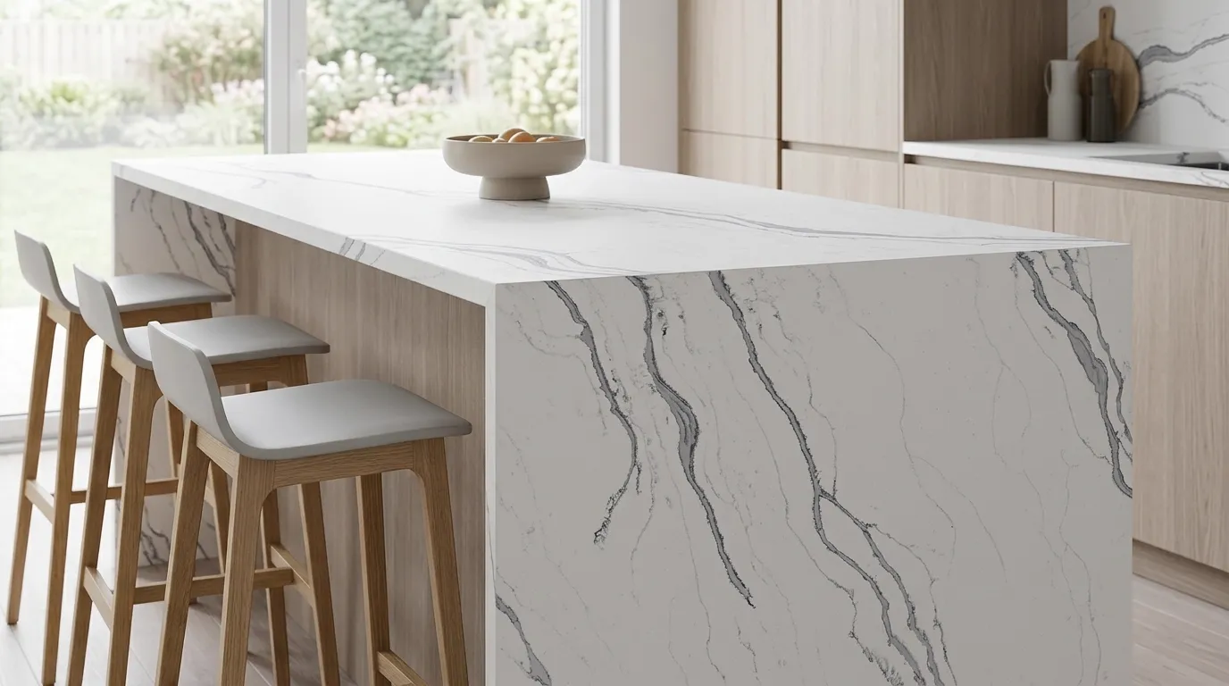 Montclair Honed waterfall-edge kitchen island with continuous veining