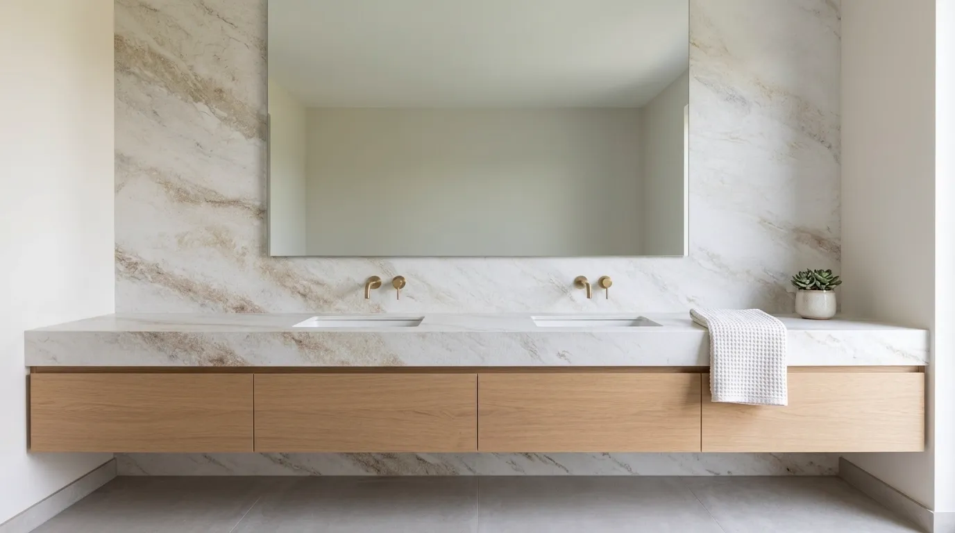 Monte Oro Leathered Legacy Quartz Stone double vanity countertop and backsplash in a modern bathroom