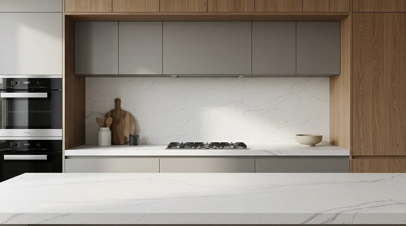 Monte Oro Leathered Legacy Quartz Stone full-height kitchen backsplash and matching countertop