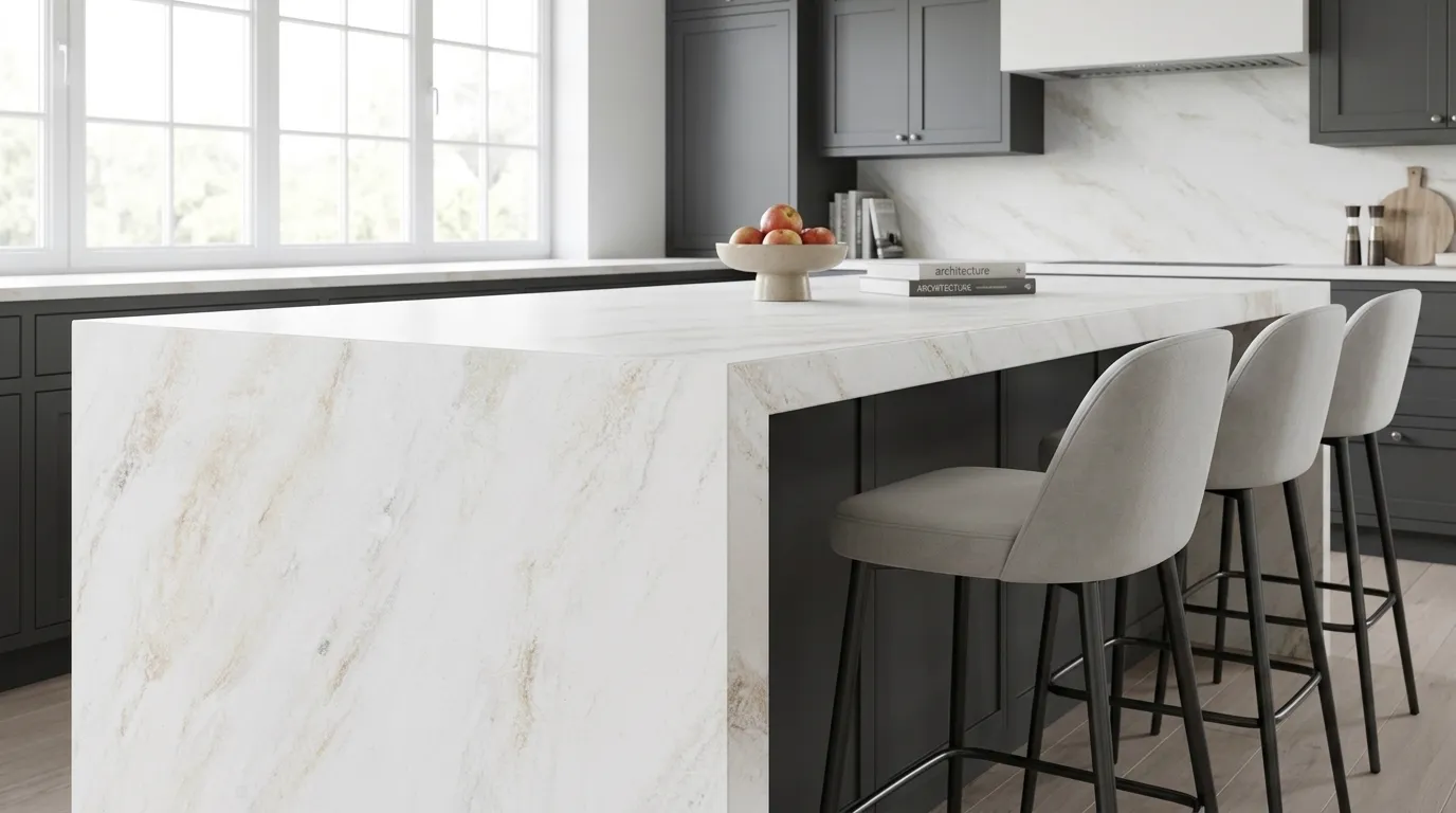 Monte Oro Leathered Legacy Quartz Stone waterfall-edge kitchen island with continuous veining