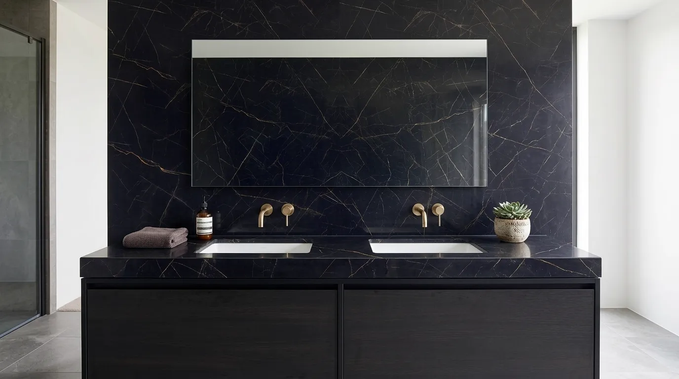Nero Ardi Porcelain Stone double vanity countertop and backsplash in a modern bathroom