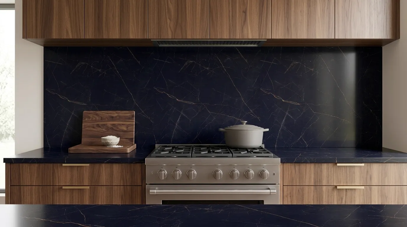 Nero Ardi Porcelain Stone full-height kitchen backsplash and matching countertop