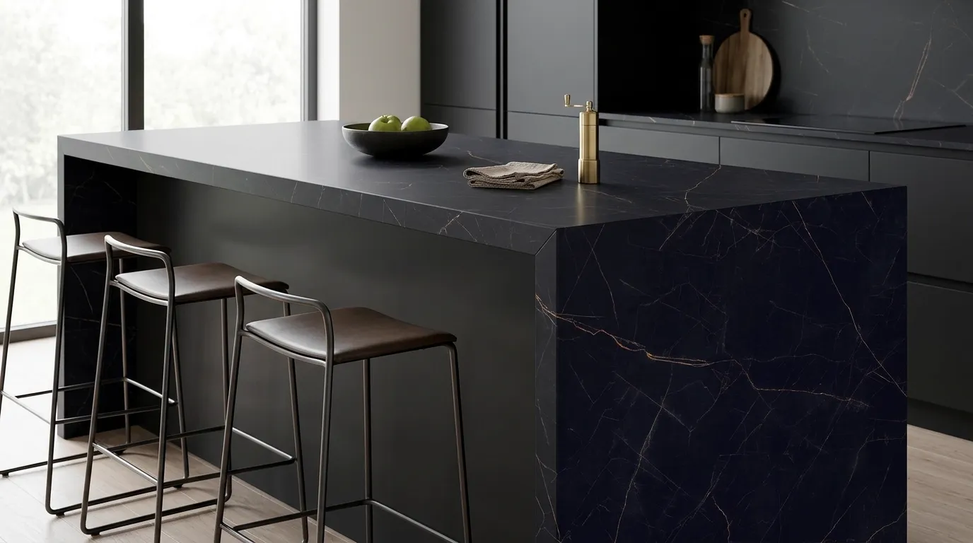 Nero Ardi Porcelain Stone waterfall-edge kitchen island with continuous veining