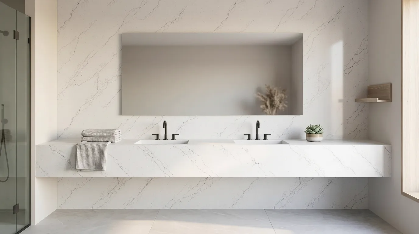 Niagara Fall Quartz Stone double vanity countertop and backsplash in a modern bathroom