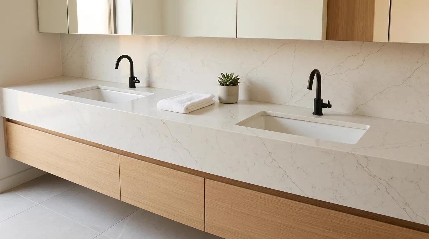 Niagara Fall Gold Quartz Stone double vanity countertop and backsplash in a modern bathroom