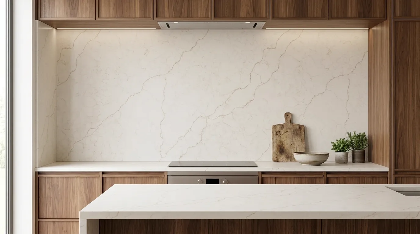 Niagara Fall Gold Quartz Stone full-height kitchen backsplash and matching countertop