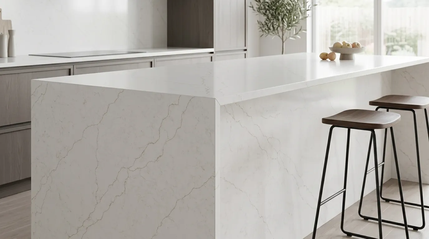 Niagara Fall Gold Quartz Stone waterfall-edge kitchen island with continuous veining