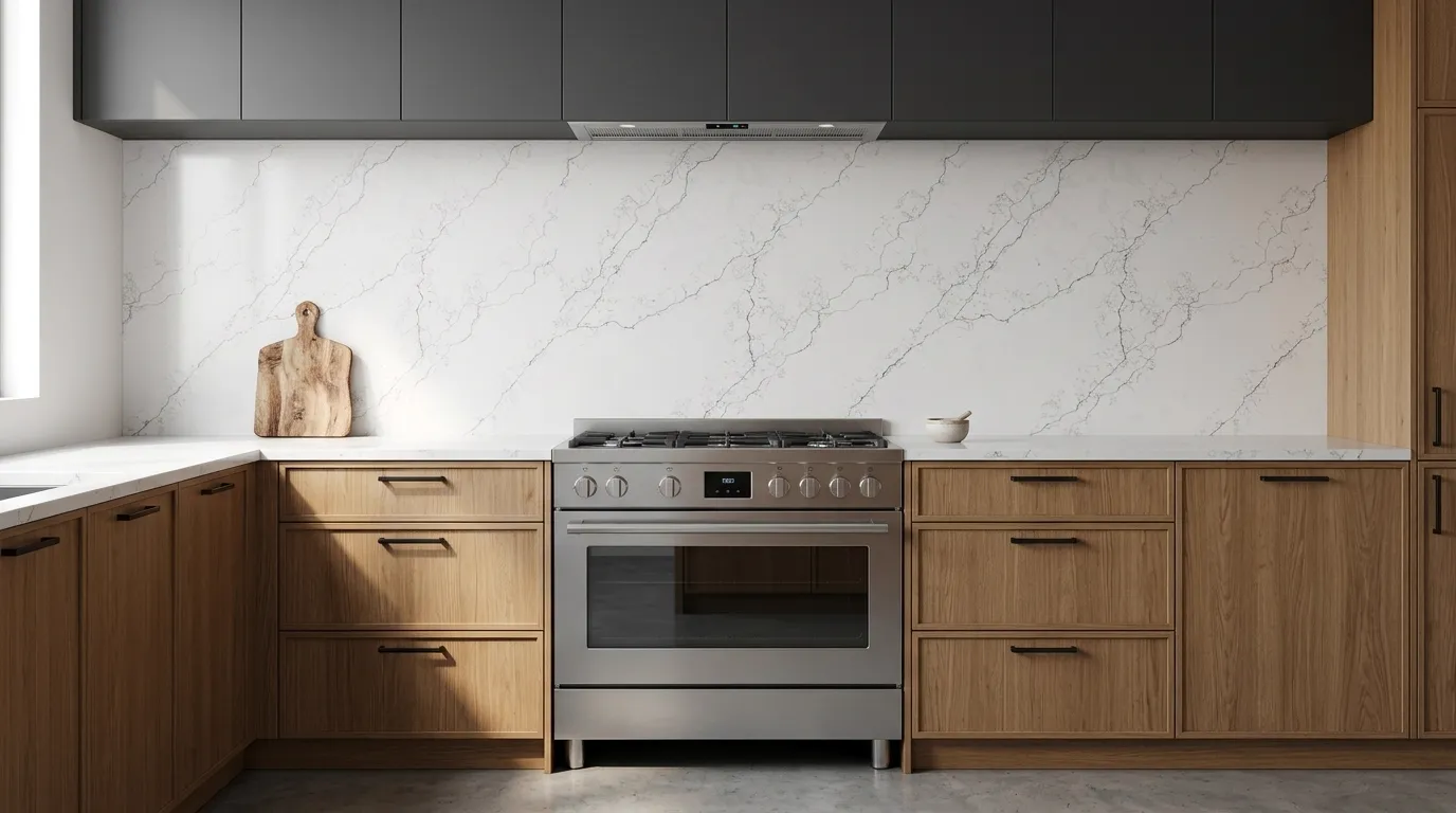 Niagara Fall Quartz Stone full-height kitchen backsplash and matching countertop