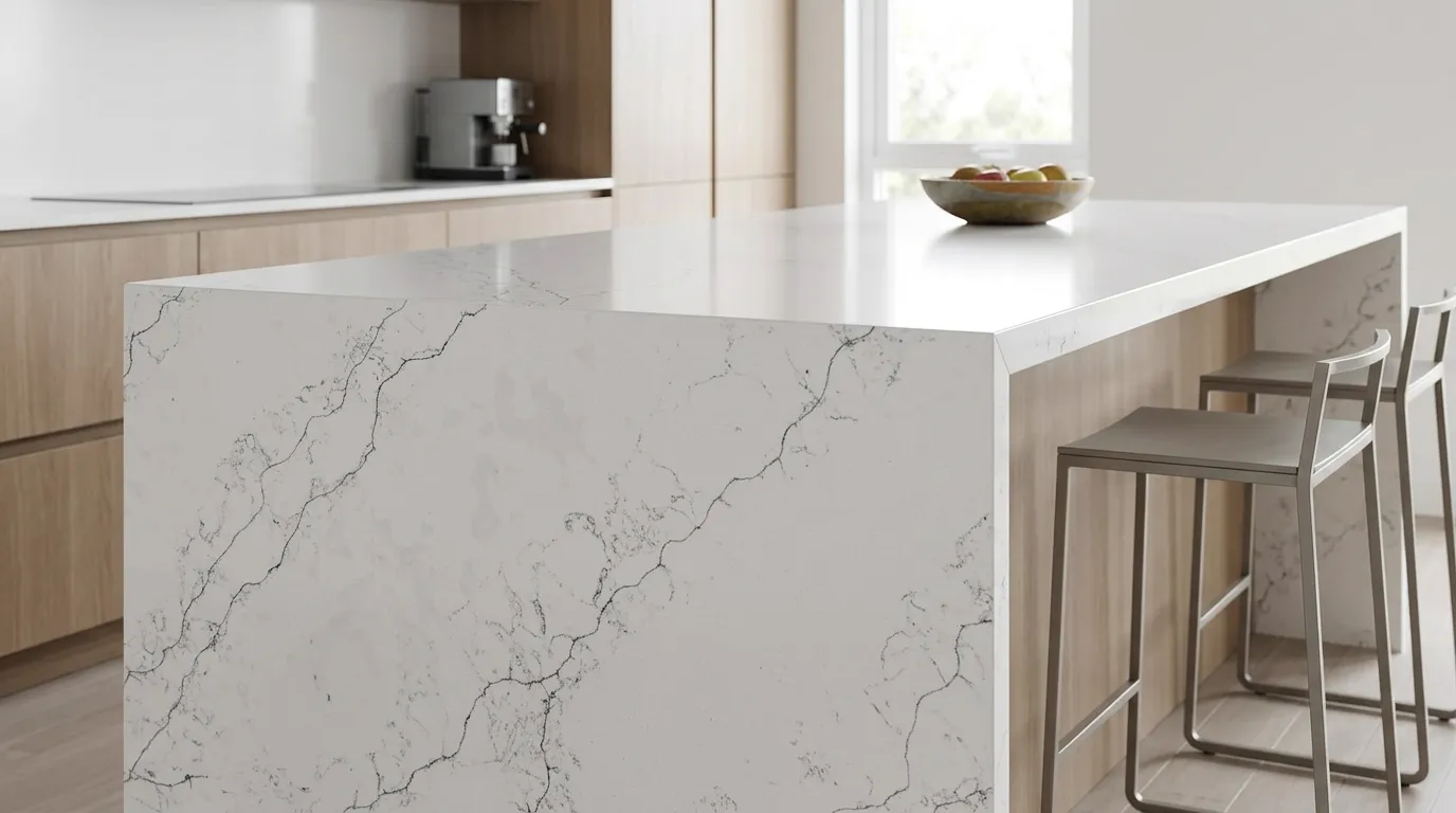 Niagara Fall Quartz Stone waterfall-edge kitchen island with continuous veining