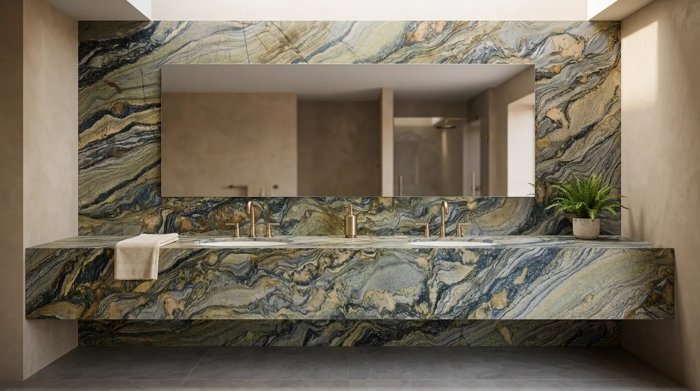 Ocean Fantasy Leathered Quartzite double vanity countertop and backsplash in a modern bathroom