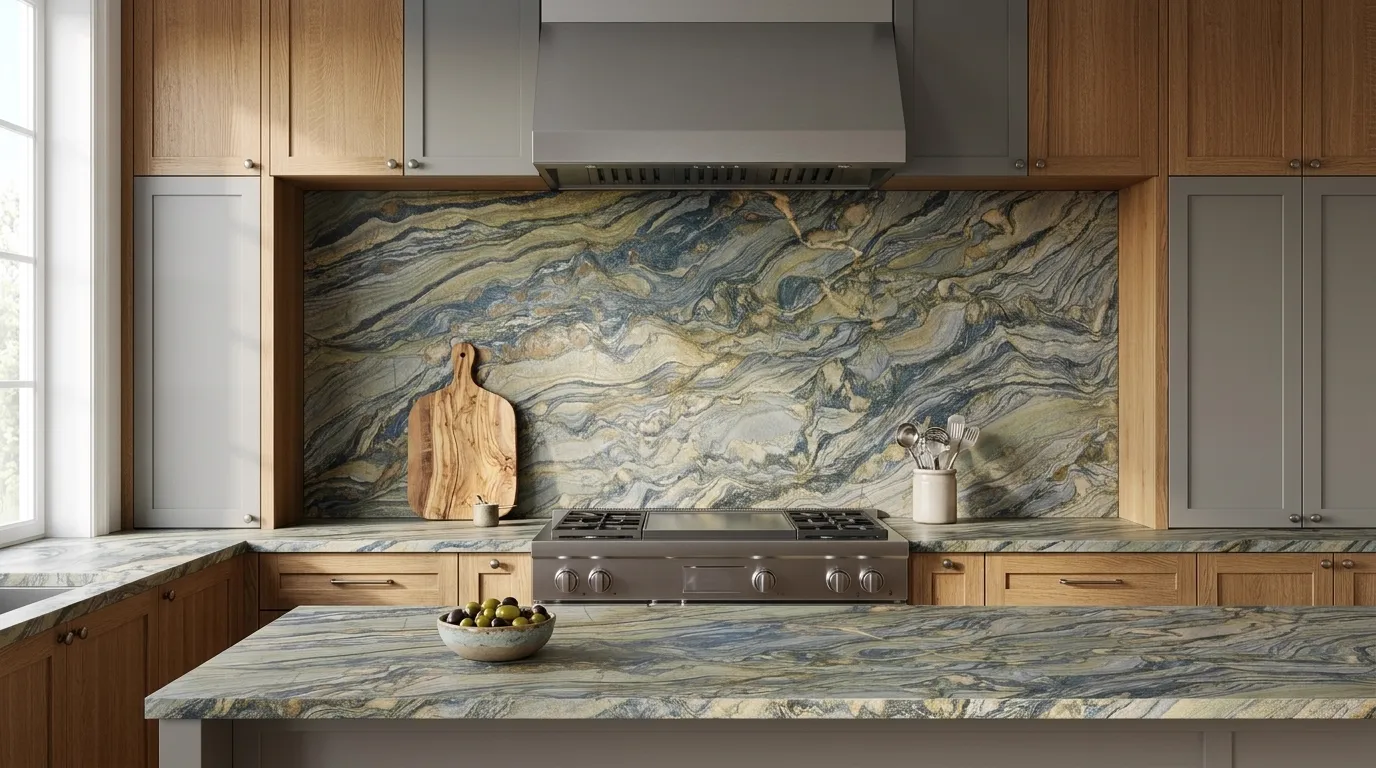 Ocean Fantasy Leathered Quartzite full-height kitchen backsplash and matching countertop