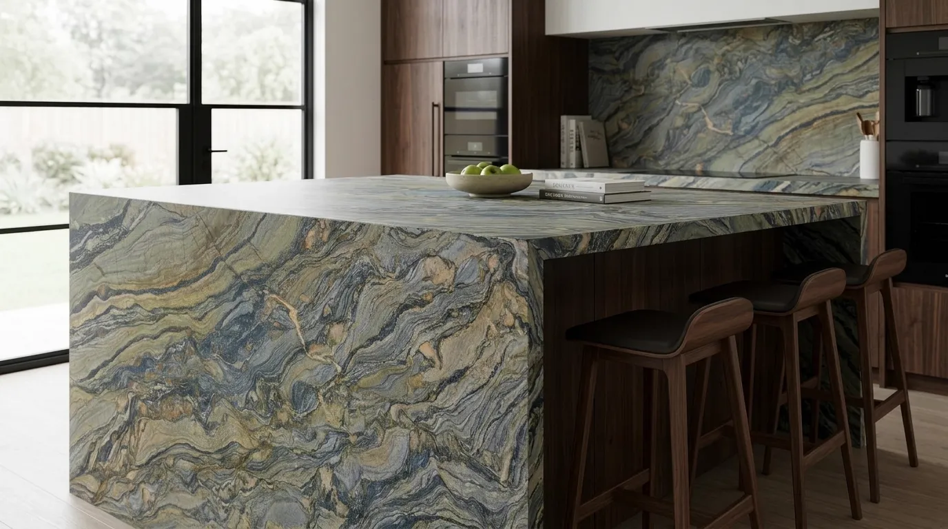 Ocean Fantasy Leathered Quartzite waterfall-edge kitchen island with continuous veining