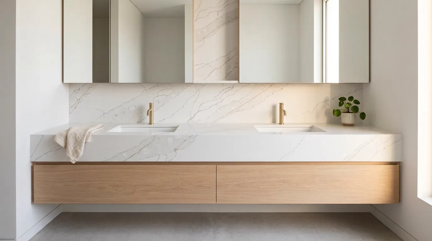 Old Stain Quartz double vanity countertop and backsplash in a modern bathroom