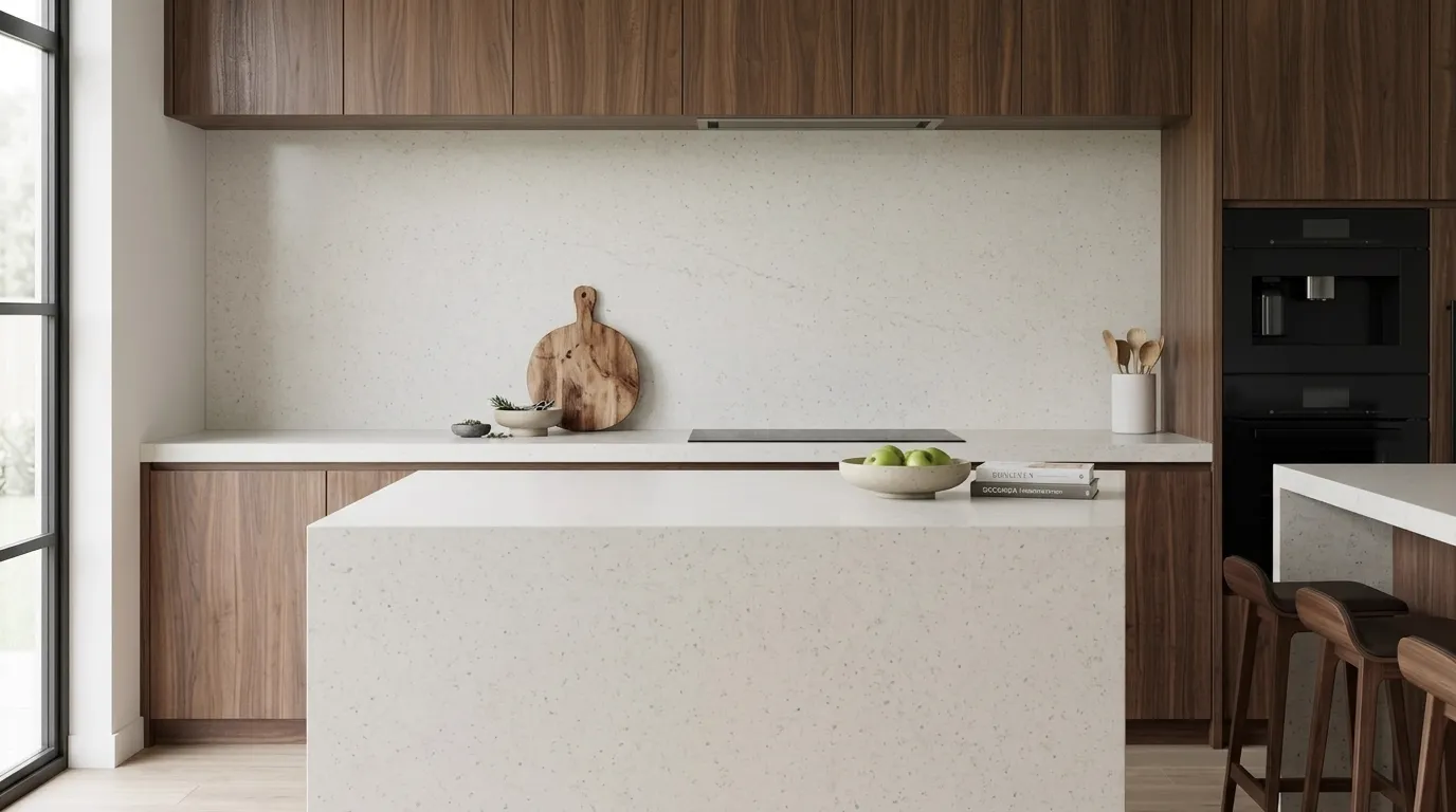 Old Stain Quartz full-height kitchen backsplash and matching countertop