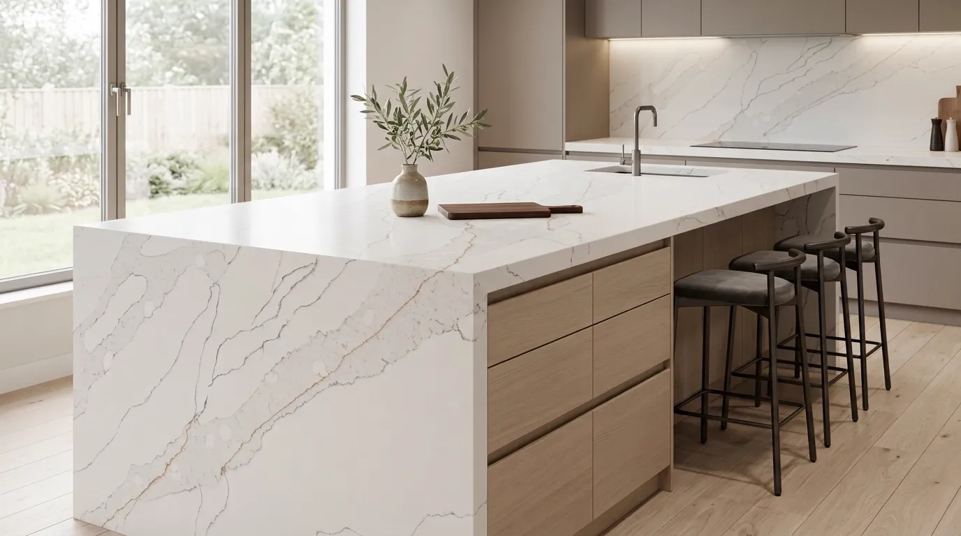 Old Stain Quartz waterfall-edge kitchen island with continuous veining