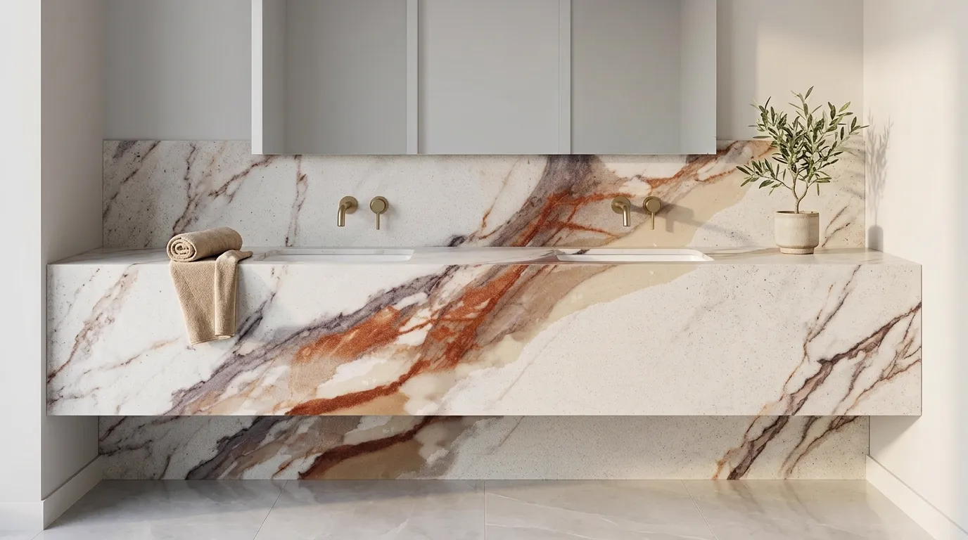 OLD STAIN HD Quartz Stone double vanity countertop and backsplash in a modern bathroom