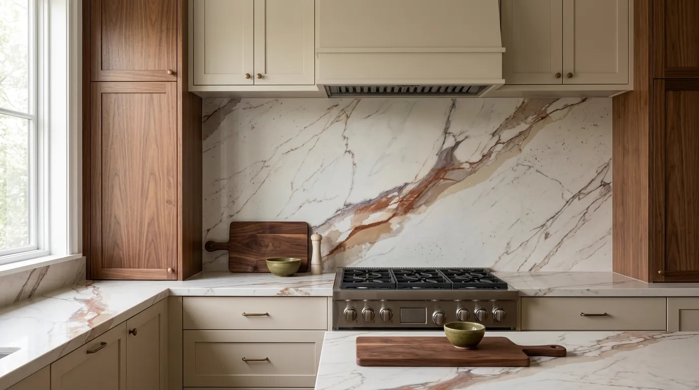 OLD STAIN HD Quartz Stone full-height kitchen backsplash and matching countertop