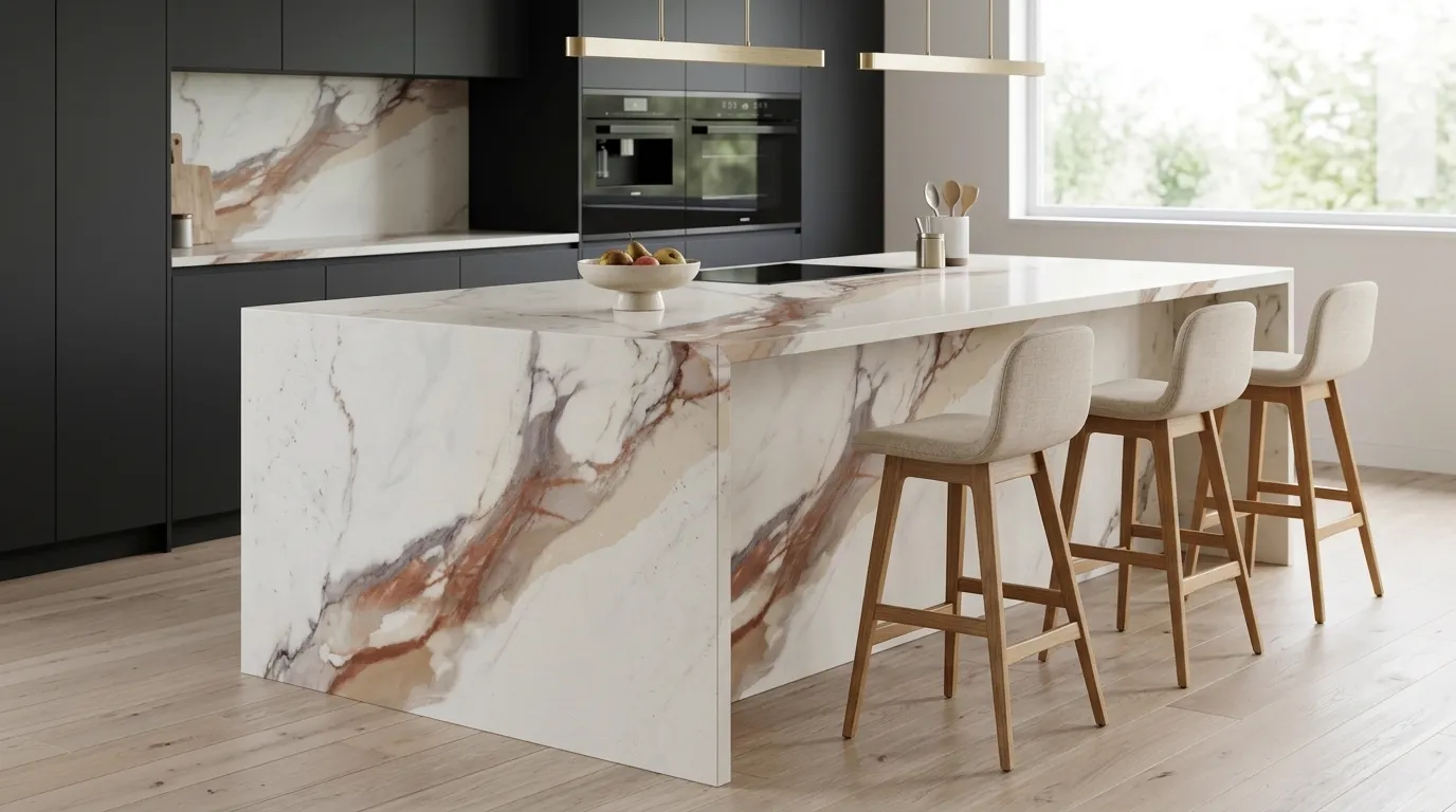 OLD STAIN HD Quartz Stone waterfall-edge kitchen island with continuous veining