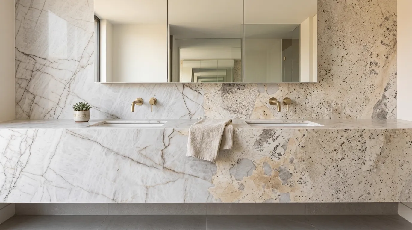 Patagonia Bianco double vanity countertop and backsplash in a modern bathroom