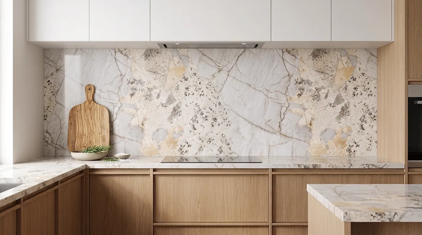 Patagonia Bianco full-height kitchen backsplash and matching countertop