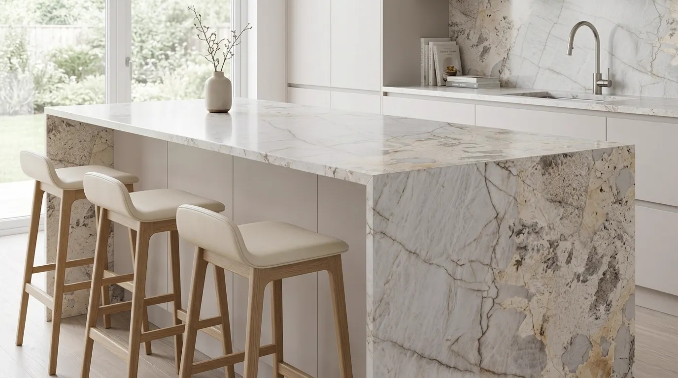 Patagonia Bianco waterfall-edge kitchen island with continuous veining