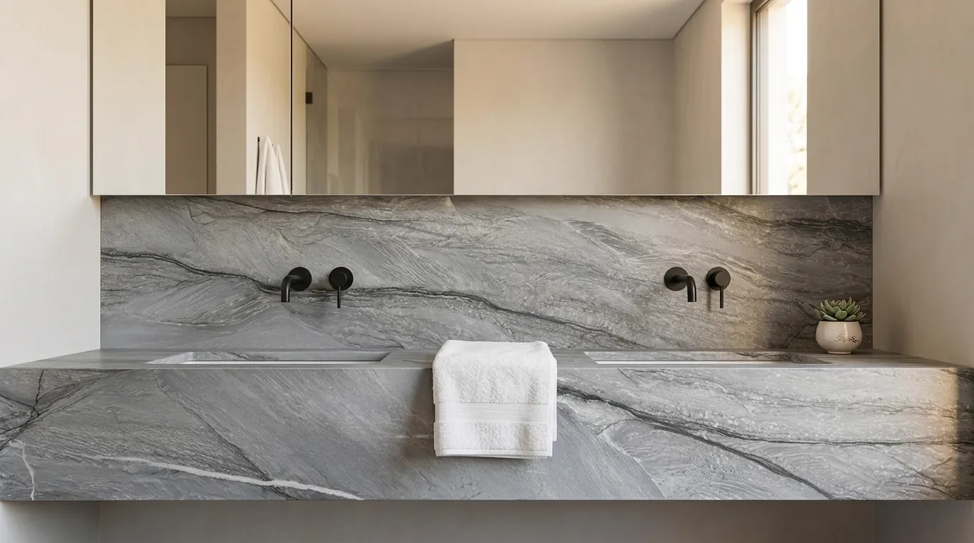 Platinum Leathered Quartzite double vanity countertop and backsplash in a modern bathroom