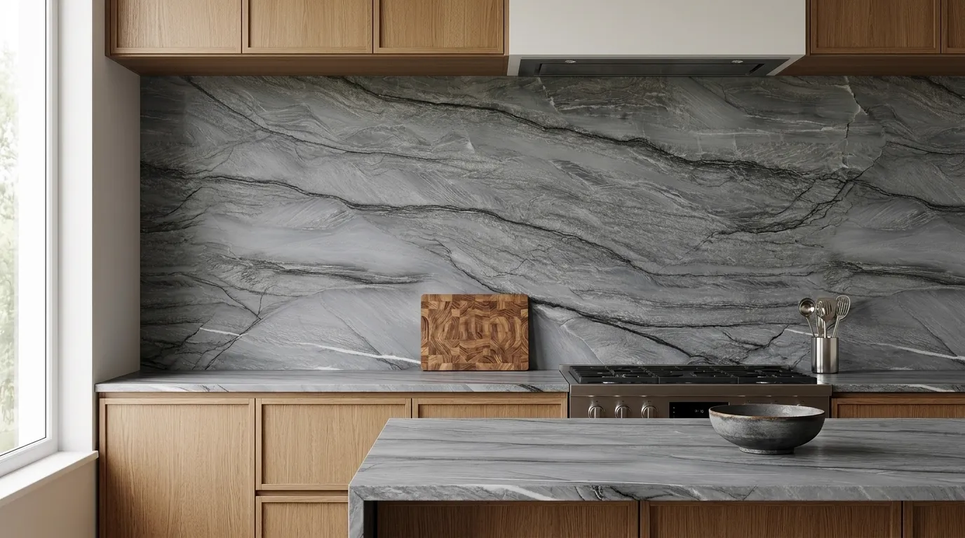 Platinum Leathered Quartzite full-height kitchen backsplash and matching countertop