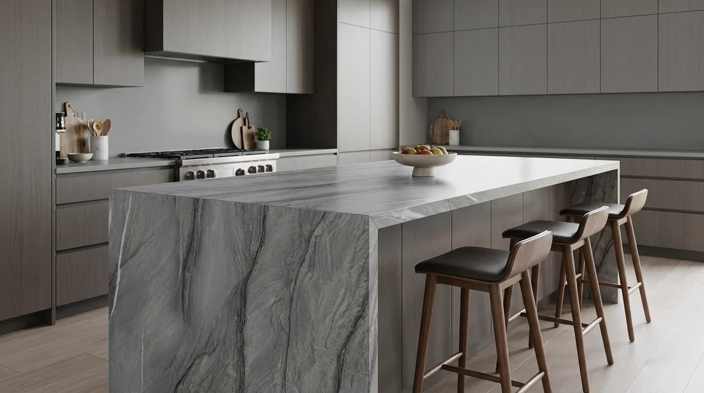 Platinum Leathered Quartzite waterfall-edge kitchen island with continuous veining