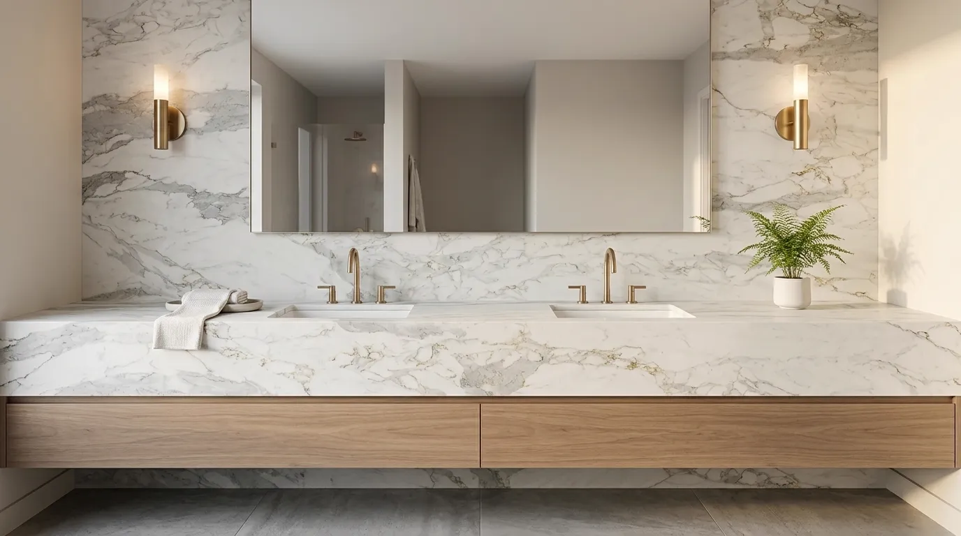 Pluto Leathered Legacy Quartz Stone double vanity countertop and backsplash in a modern bathroom