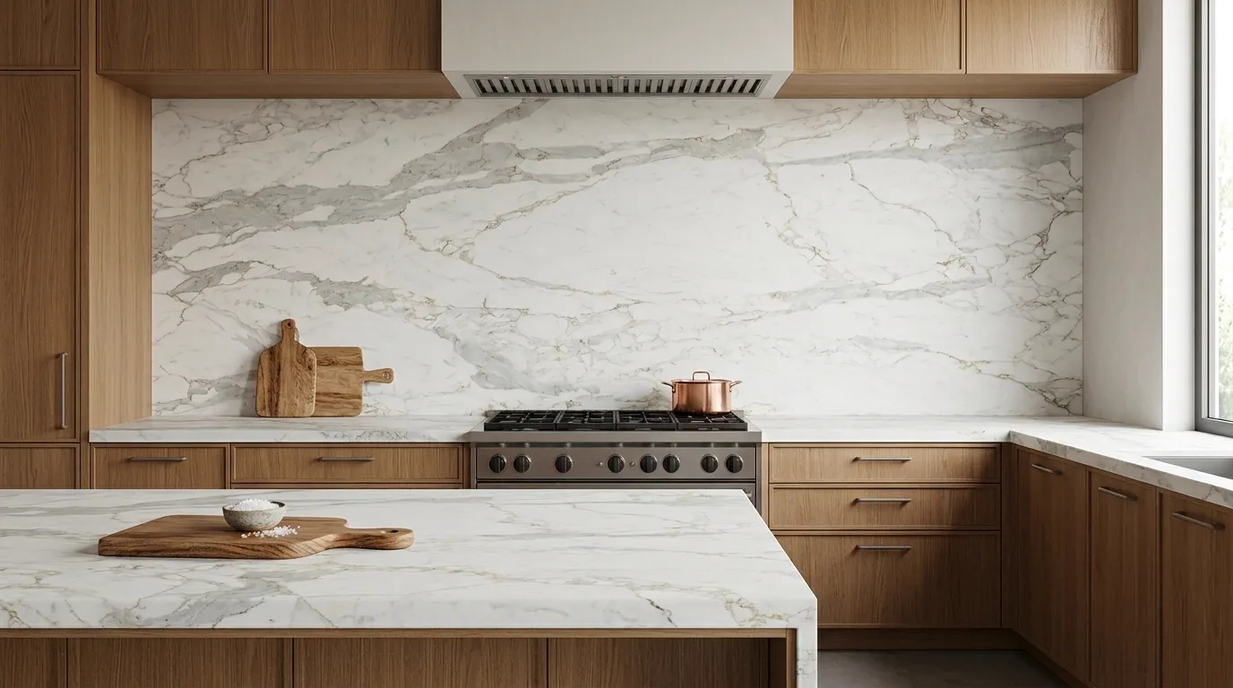 Pluto Leathered Legacy Quartz Stone full-height kitchen backsplash and matching countertop