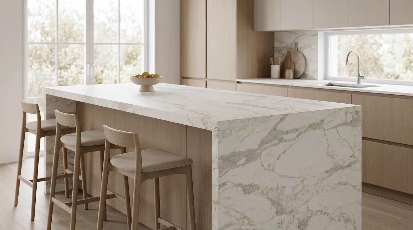 Pluto Leathered Legacy Quartz Stone waterfall-edge kitchen island with continuous veining