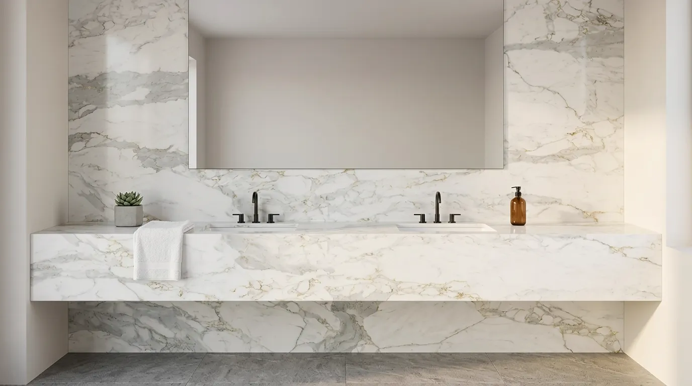 Pluto Polished Legacy Quartz Stone double vanity countertop and backsplash in a modern bathroom