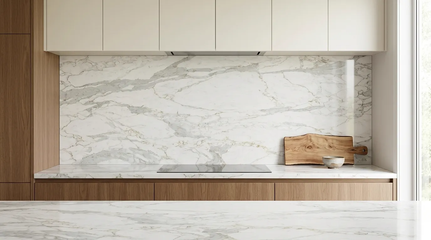 Pluto Polished Legacy Quartz Stone full-height kitchen backsplash and matching countertop