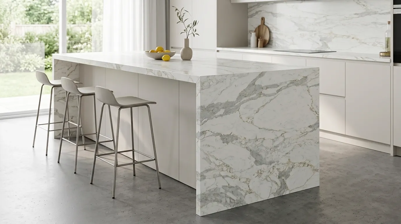 Pluto Polished Legacy Quartz Stone waterfall-edge kitchen island with continuous veining