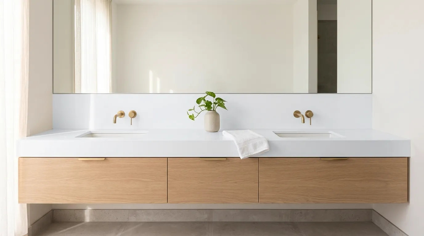 Pure White Quartz Stone double vanity countertop and backsplash in a modern bathroom
