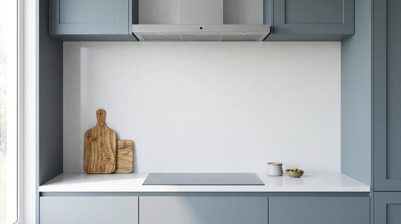 Pure White Quartz Stone full-height kitchen backsplash and matching countertop
