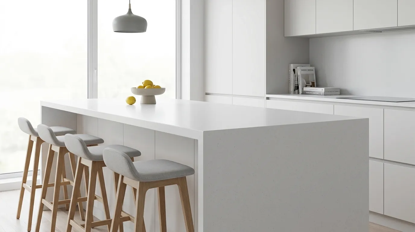 Pure White Quartz Stone waterfall-edge kitchen island with continuous veining