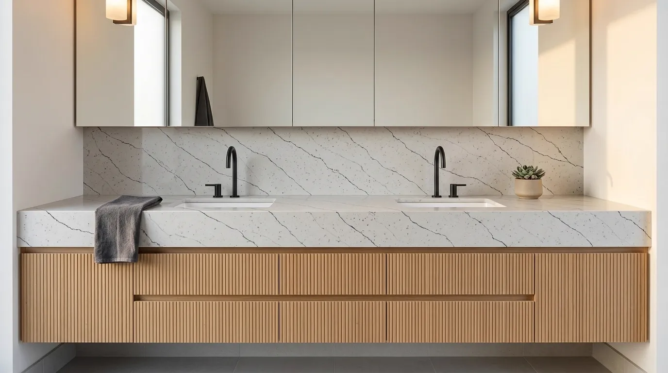 Rainforest Black double vanity countertop and backsplash in a modern bathroom