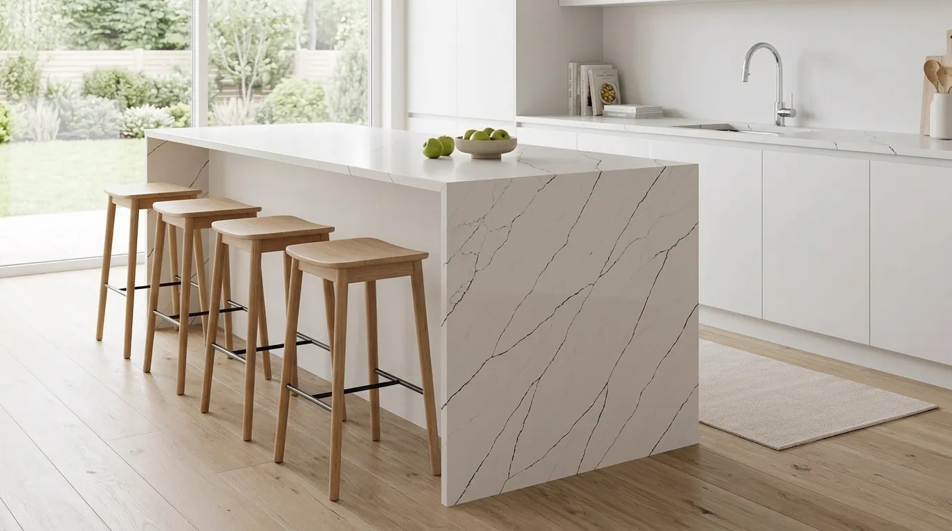 Rainforest Black waterfall-edge kitchen island with continuous veining