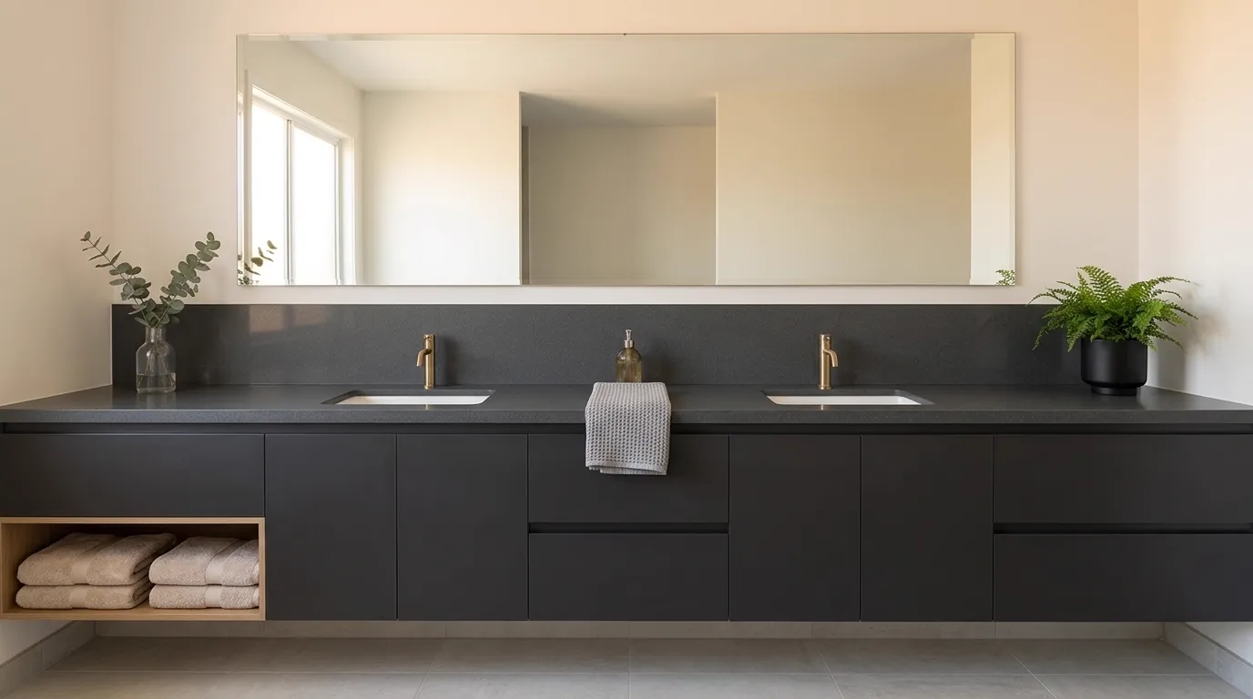 Raven Quartz Stone double vanity countertop and backsplash in a modern bathroom