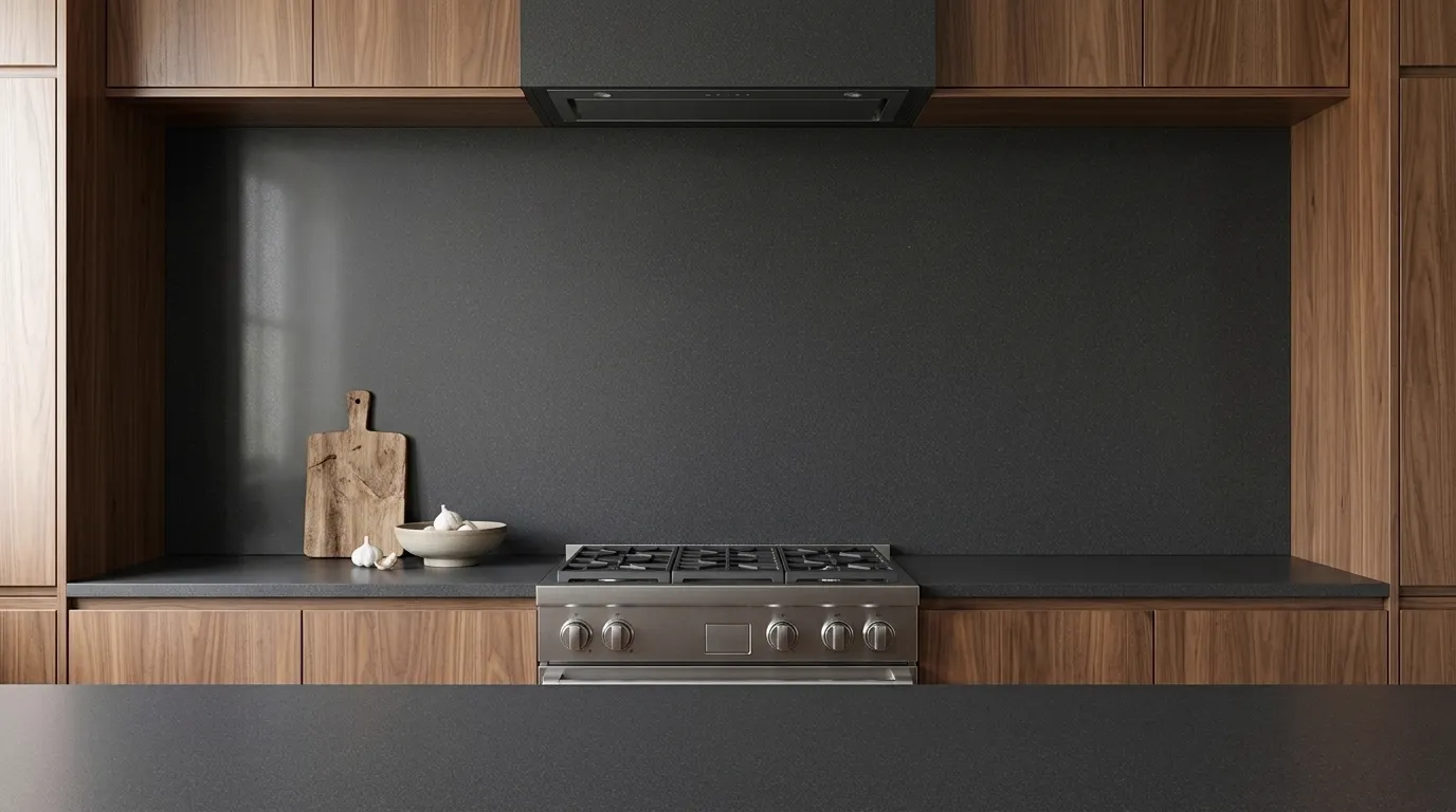 Raven Quartz Stone full-height kitchen backsplash and matching countertop